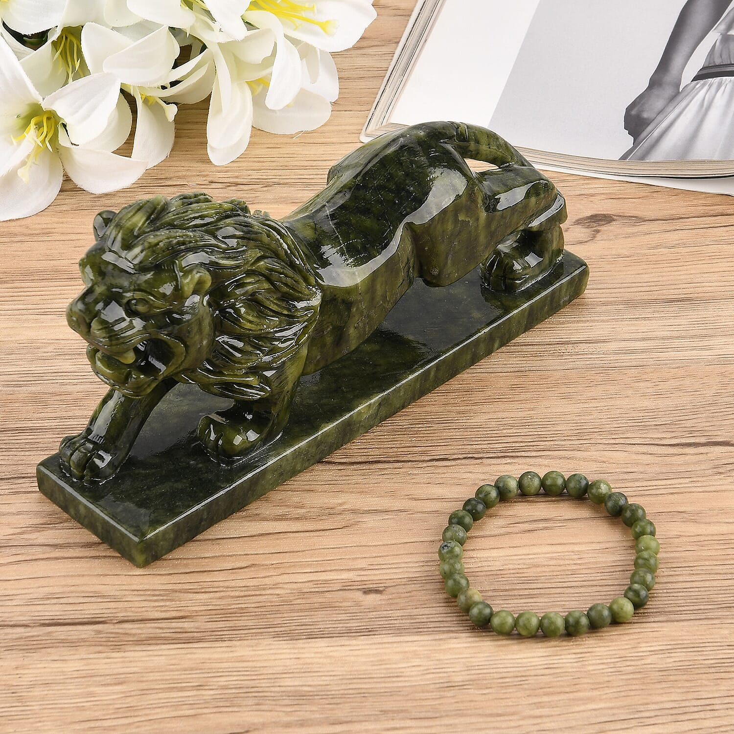 TJC EXCLUSIVE - Extremely Rare Hand  Chinese Jade (Serpentine) Carved Lion Figurine with Bracelet (Size 7.5 Strechable) 6695.00 Ct.