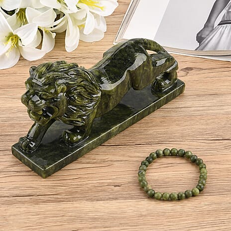 TJC EXCLUSIVE - Extremely Rare Hand  Chinese Jade (Serpentine) Carved Lion Figurine with Bracelet (Size 7.5 Strechable) 6695.00 Ct.
