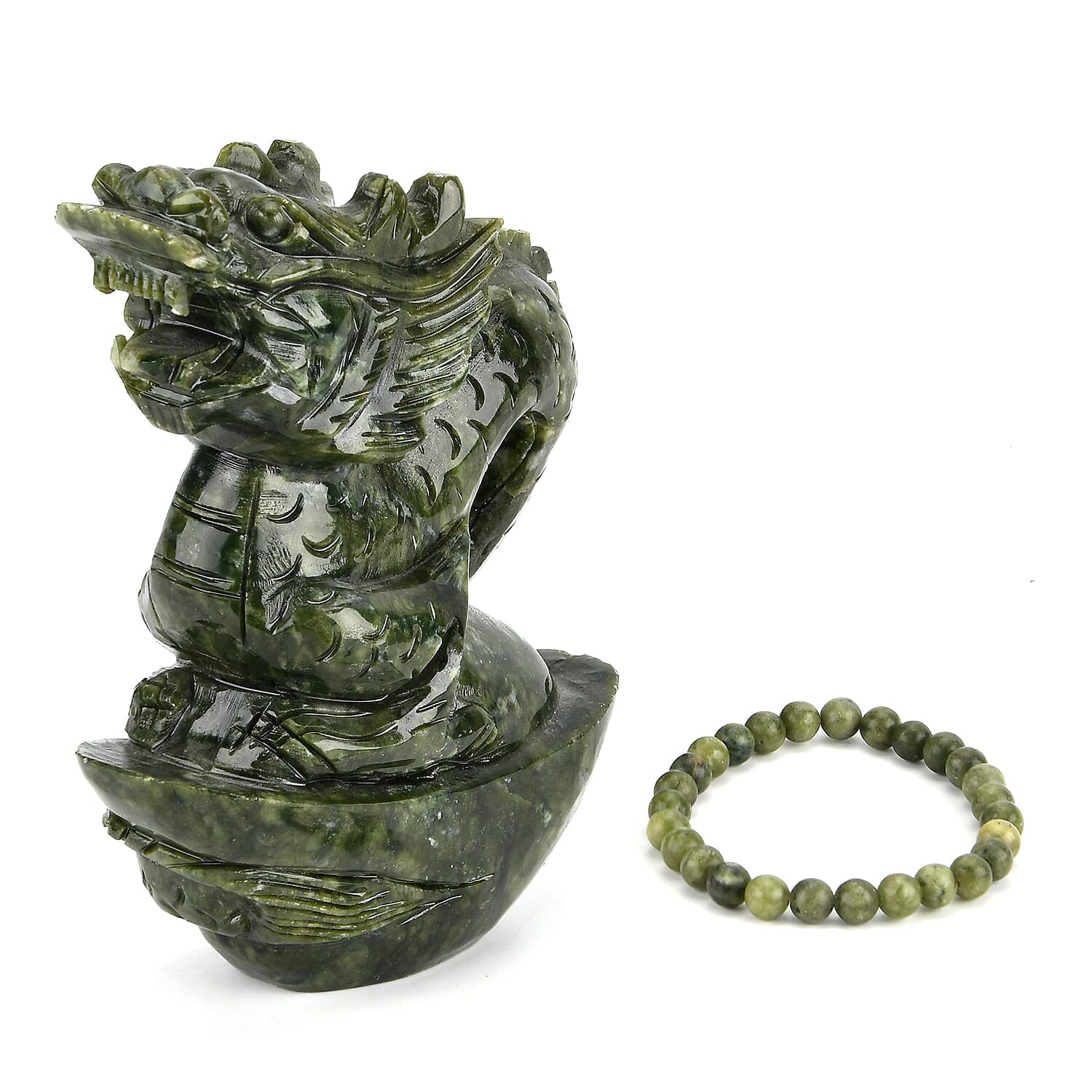 Set of 2 Collectors Edition - Serpentine (Chinese Jade) Carved Dragon Figurine with Bracelet (Size 7.5 Strechable) 7295.00 Ct.