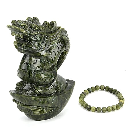 Set of 2 Collectors Edition - Serpentine (Chinese Jade) Carved Dragon Figurine with Bracelet (Size 7.5 Strechable) 7295.00 Ct.