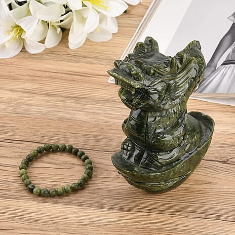 Set of 2 Collectors Edition - Serpentine (Chinese Jade) Carved Dragon Figurine with Bracelet (Size 7.5 Strechable) 7295.00 Ct.