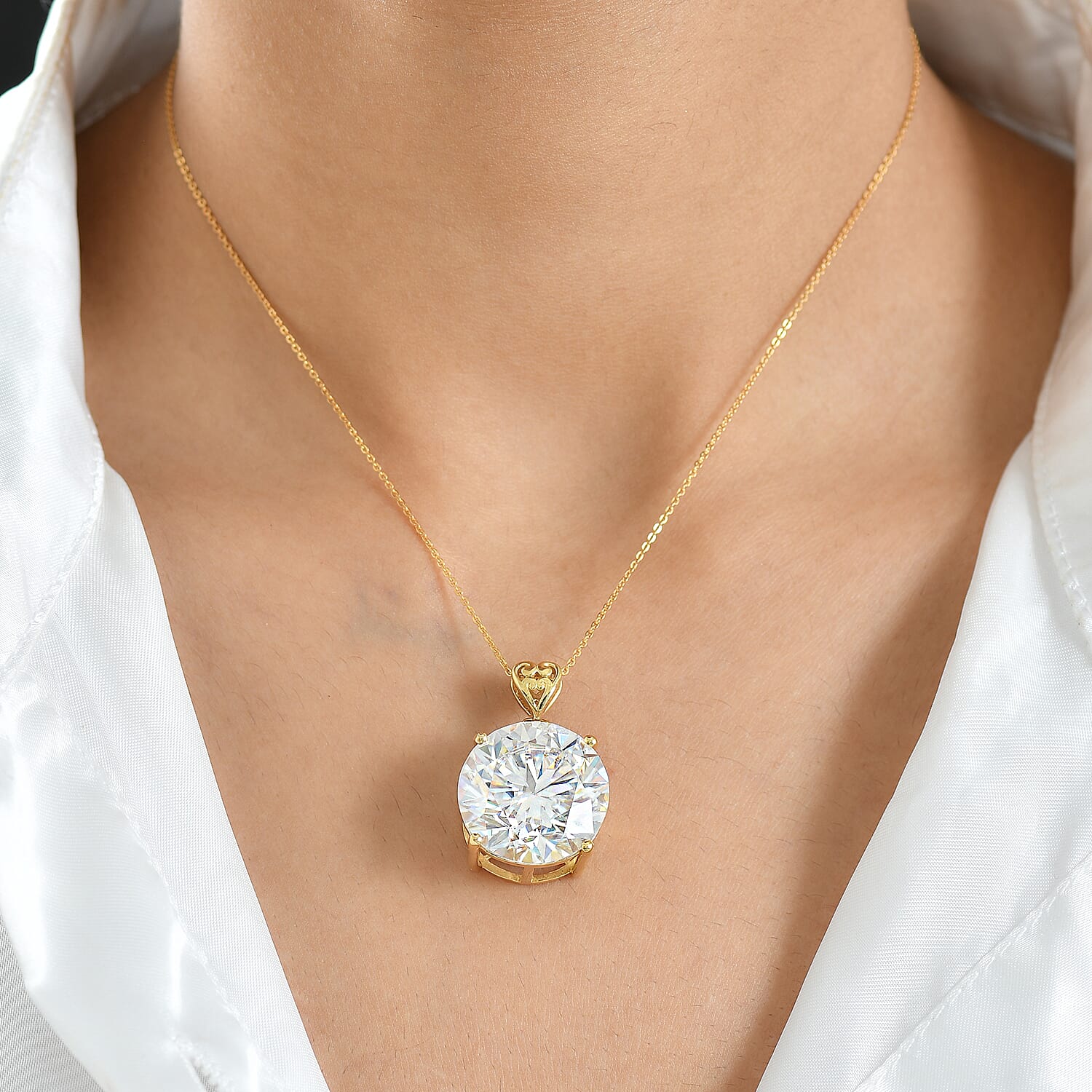 D'Joy Moissanite Pendant with Chain (Size - 20) in 18K Vermeil Yellow Gold Sterling Silver 29.37 Ct.