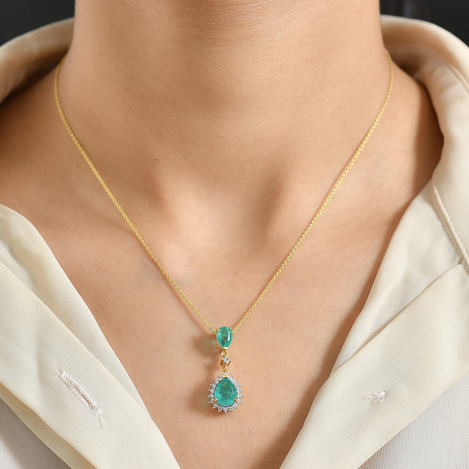 Emeraldine Triplet Quartz,  White Zircon Torn Chain 19DC and Main Stone With Side Stone Pendant  Sterling Silver 1.41 ct  3.578  Ct.