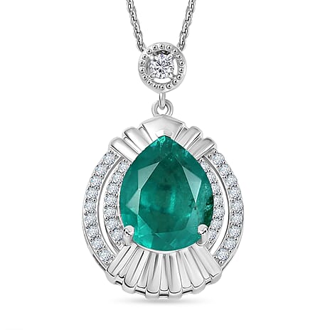 Emeraldine Triplet Quartz,  White Zircon Chain (Size 20) and Main Stone With Side Stone Pendant in Platinum Overlay Sterling Silver 0.52 ct  5.569  Ct.