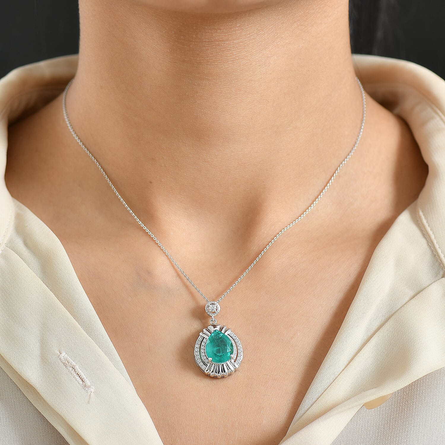 Emeraldine Triplet Quartz,  White Zircon Chain (Size 20) and Main Stone With Side Stone Pendant in Platinum Overlay Sterling Silver 0.52 ct  5.569  Ct.