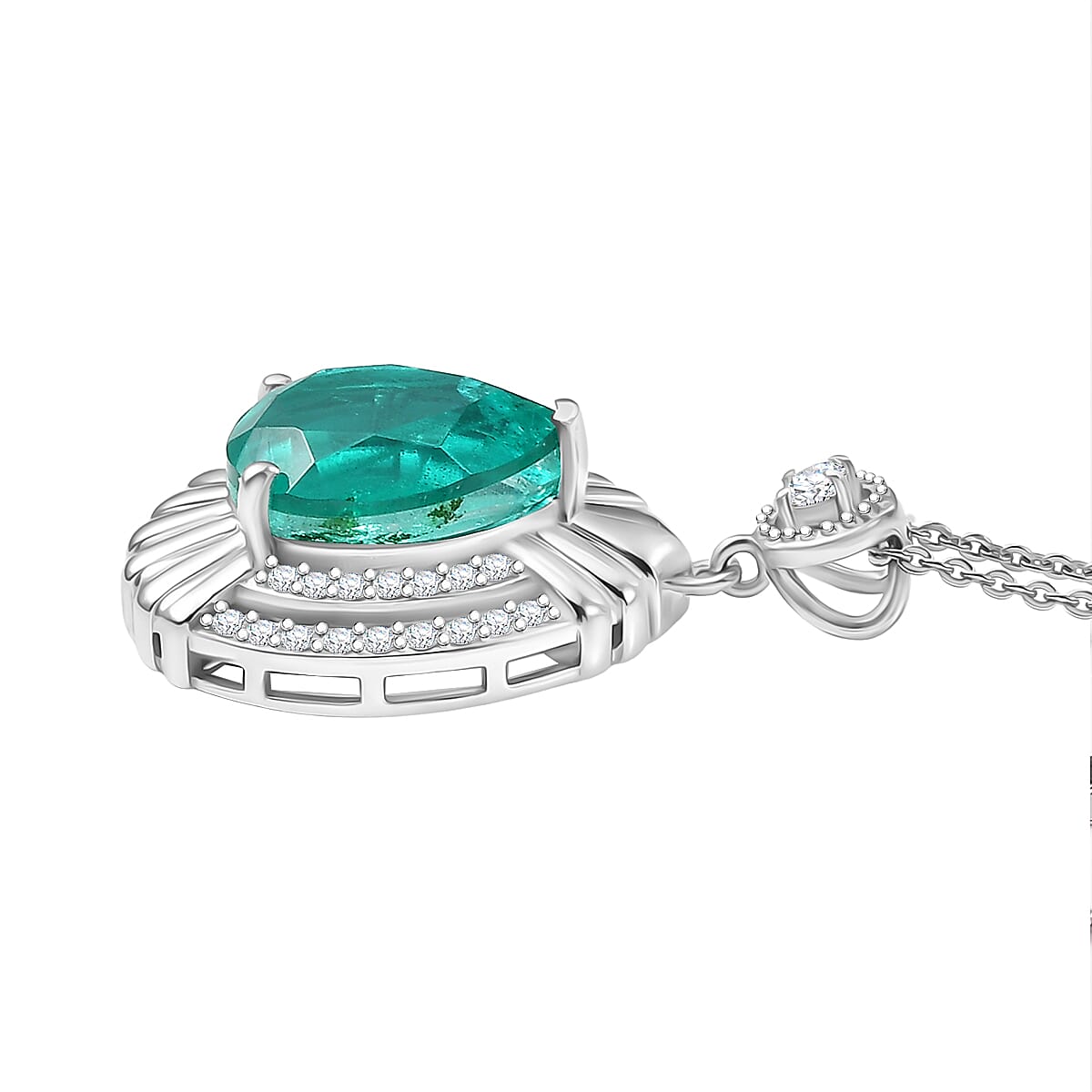 Emeraldine Triplet Quartz,  White Zircon Chain (Size 20) and Main Stone With Side Stone Pendant in Platinum Overlay Sterling Silver 0.52 ct  5.569  Ct.