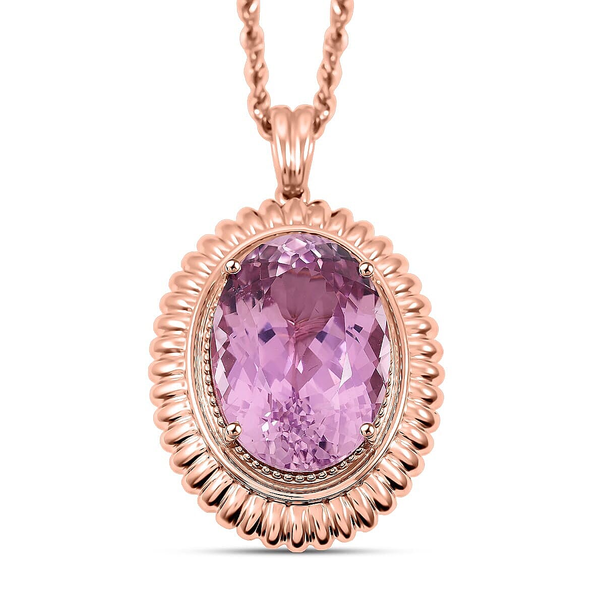 Luxuriant - 9K Rose Gold AGI Certified AAA Martha Rocha Kunzite Pendant with Chain (Size 18) 15.11 Ct, Gold Wt. 7.00Gms