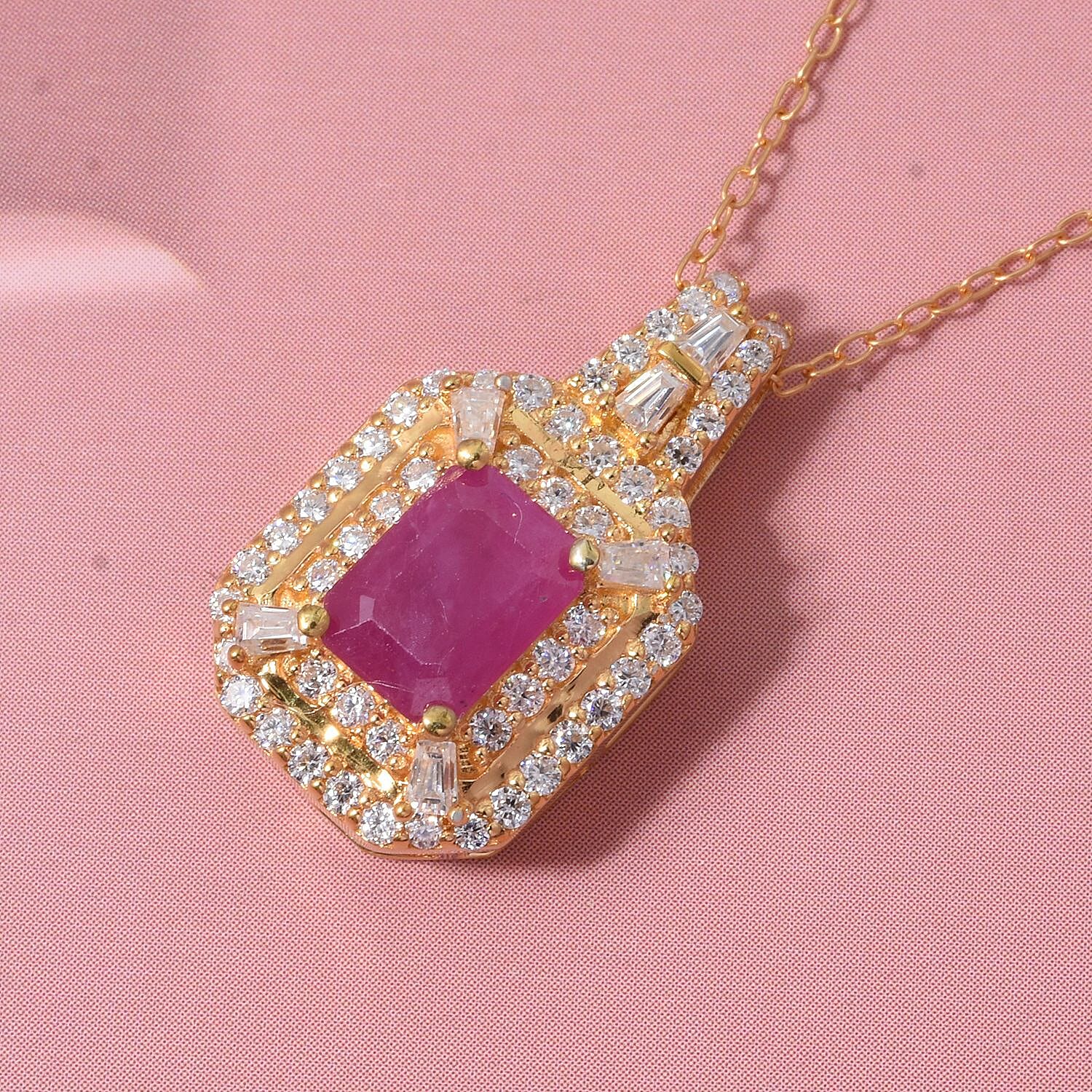 Taveta Ruby,  Moissanite Pendant with Chain (Size 20) in 18K YG Vermeil Sterling Silver 0.59 ct  1.890  Ct.