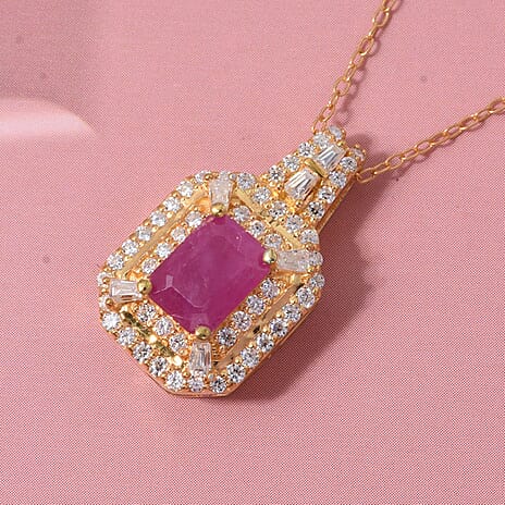 D'Joy Taveta Ruby & Moissanite Pendant with Chain (Size 20) in 18K Vermeil Yellow Gold Plated Sterling Silver 1.89 Ct.
