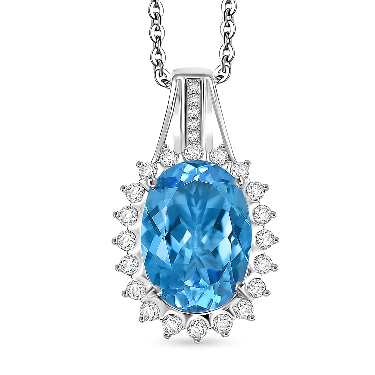 Swiss Blue Topaz & White Zircon Pendant with Chain (Size 20) in Rhodium Overlay Sterling Silver 7.98 Ct, Silver Wt. 5.00 Gms.