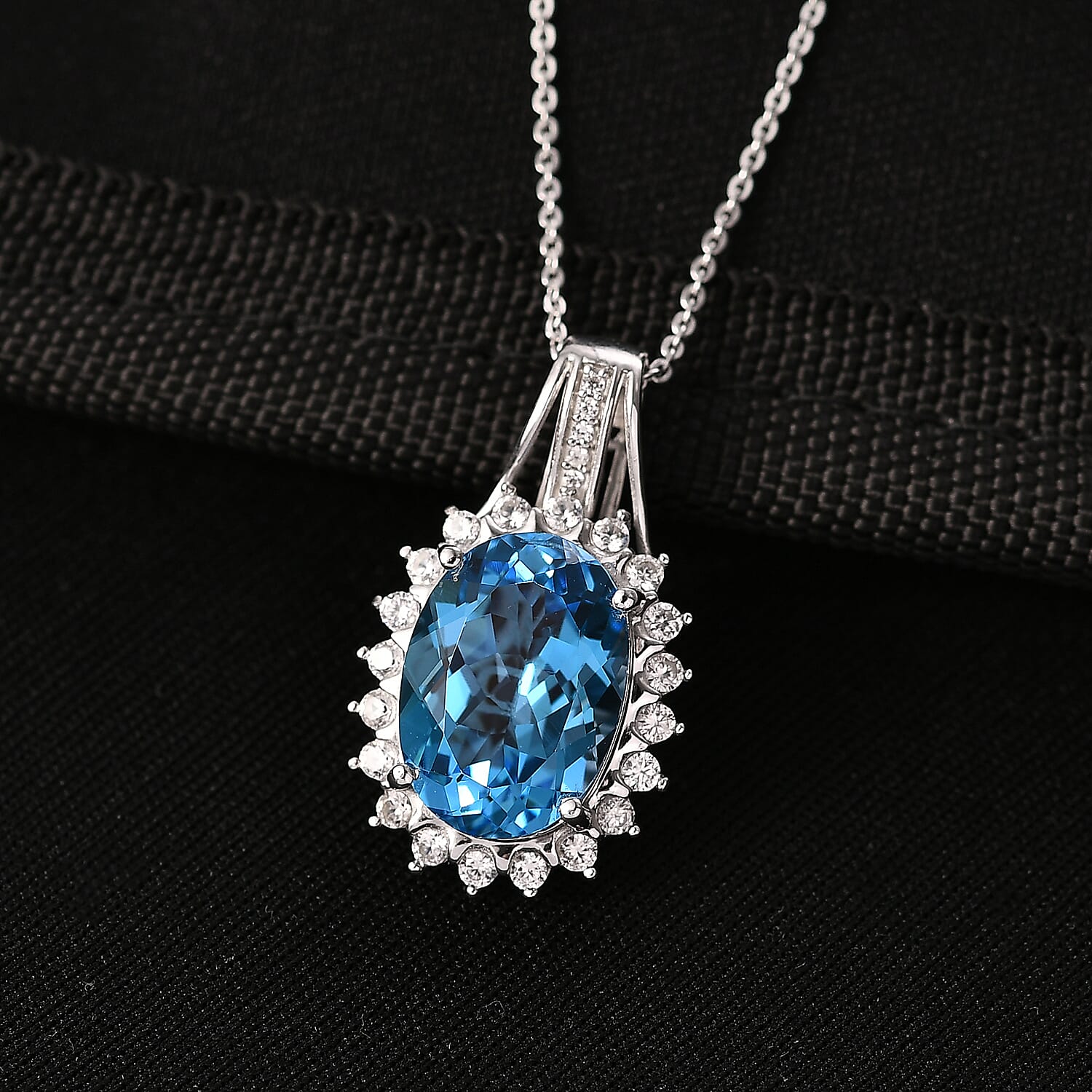 Swiss Blue Topaz & White Zircon Pendant with Chain (Size 20) in Rhodium Overlay Sterling Silver 7.98 Ct, Silver Wt. 5.00 Gms.