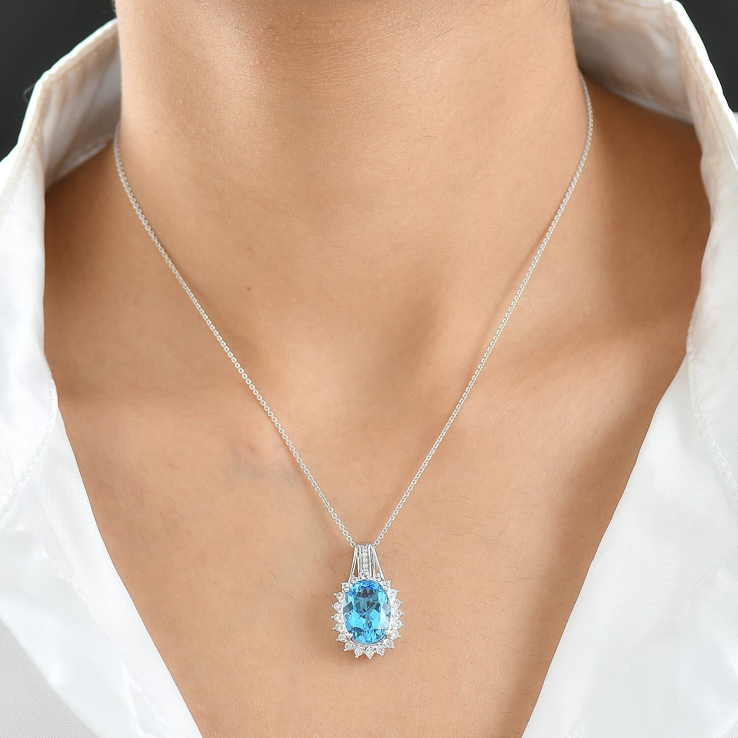 Swiss Blue Topaz & White Zircon Pendant with Chain (Size 20) in Rhodium Overlay Sterling Silver 7.98 Ct, Silver Wt. 5.00 Gms.