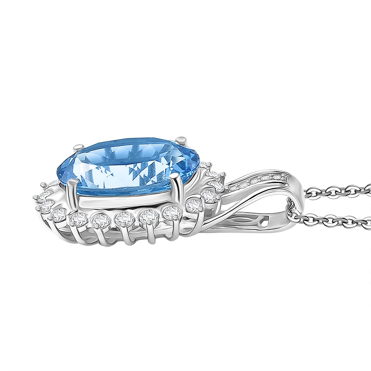Swiss Blue Topaz & White Zircon Pendant with Chain (Size 20) in Rhodium Overlay Sterling Silver 7.98 Ct, Silver Wt. 5.00 Gms.