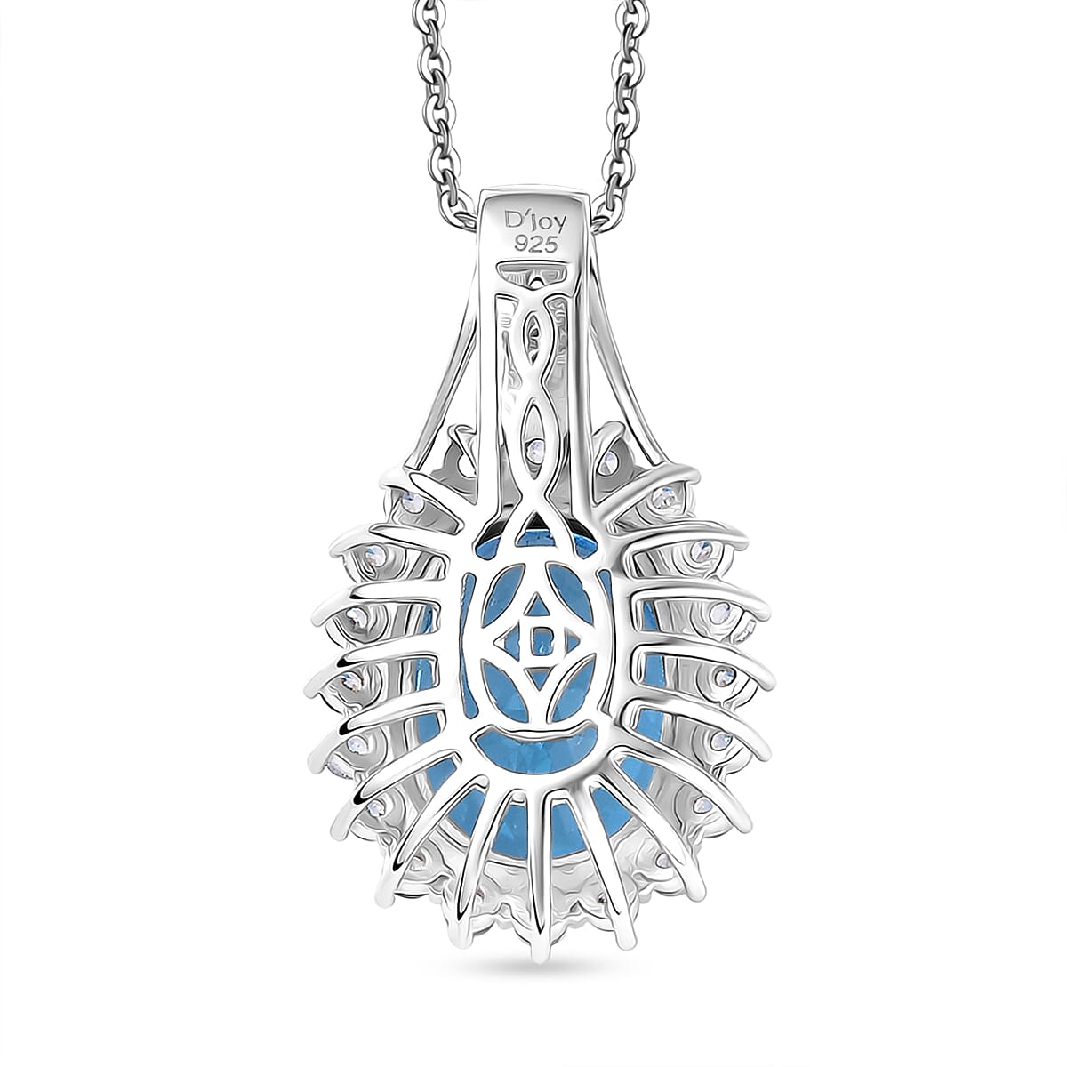 Swiss Blue Topaz & White Zircon Pendant with Chain (Size 20) in Rhodium Overlay Sterling Silver 7.98 Ct, Silver Wt. 5.00 Gms.