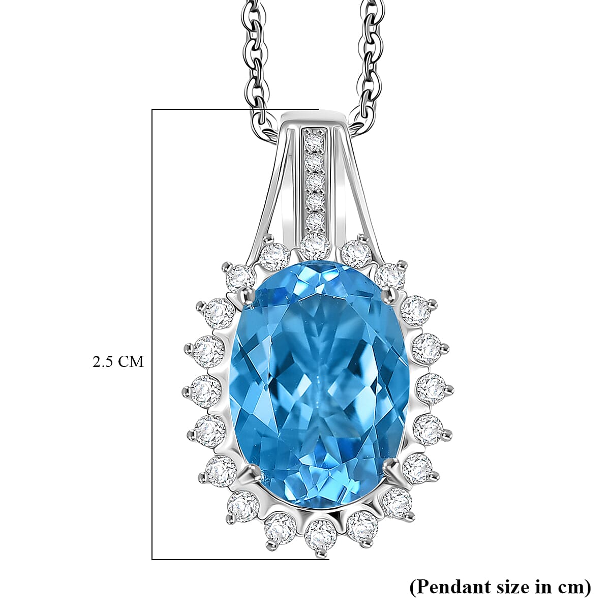 Swiss Blue Topaz & White Zircon Pendant with Chain (Size 20) in Rhodium Overlay Sterling Silver 7.98 Ct, Silver Wt. 5.00 Gms.