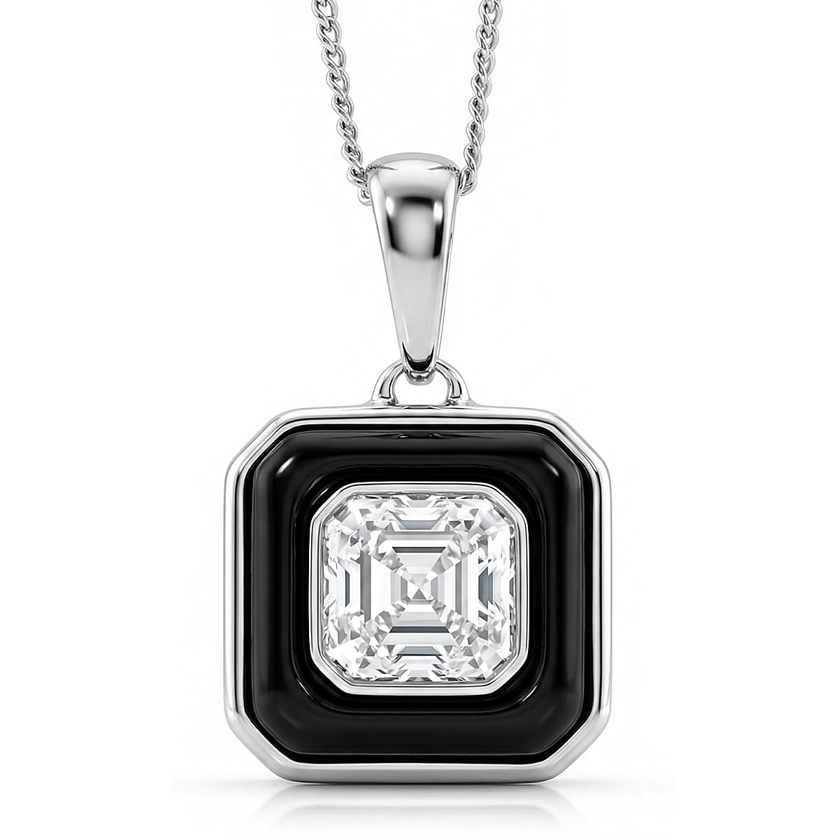 D'Joy Moissanite and Dyed Black Jade Pendant with Chain (Size - 18) in Rhodium Overlay Sterling Silver 3.35 Ct.