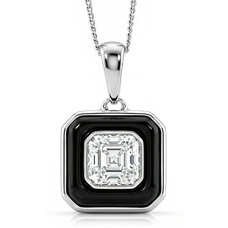 D'Joy Moissanite and Dyed Black Jade Pendant with Chain (Size - 18) in Rhodium Overlay Sterling Silver 3.35 Ct.
