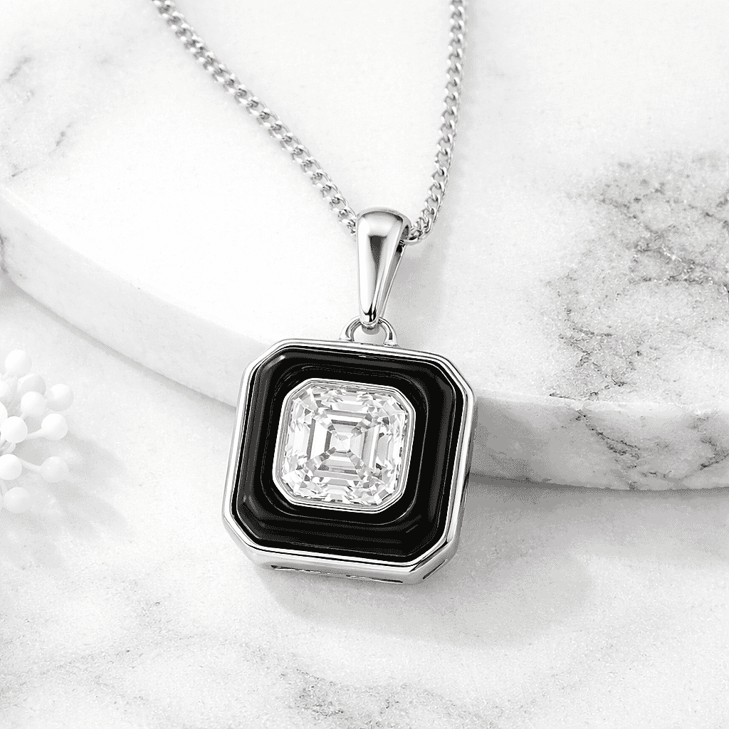 D'Joy Moissanite and Dyed Black Jade Pendant with Chain (Size - 18) in Rhodium Overlay Sterling Silver 3.35 Ct.