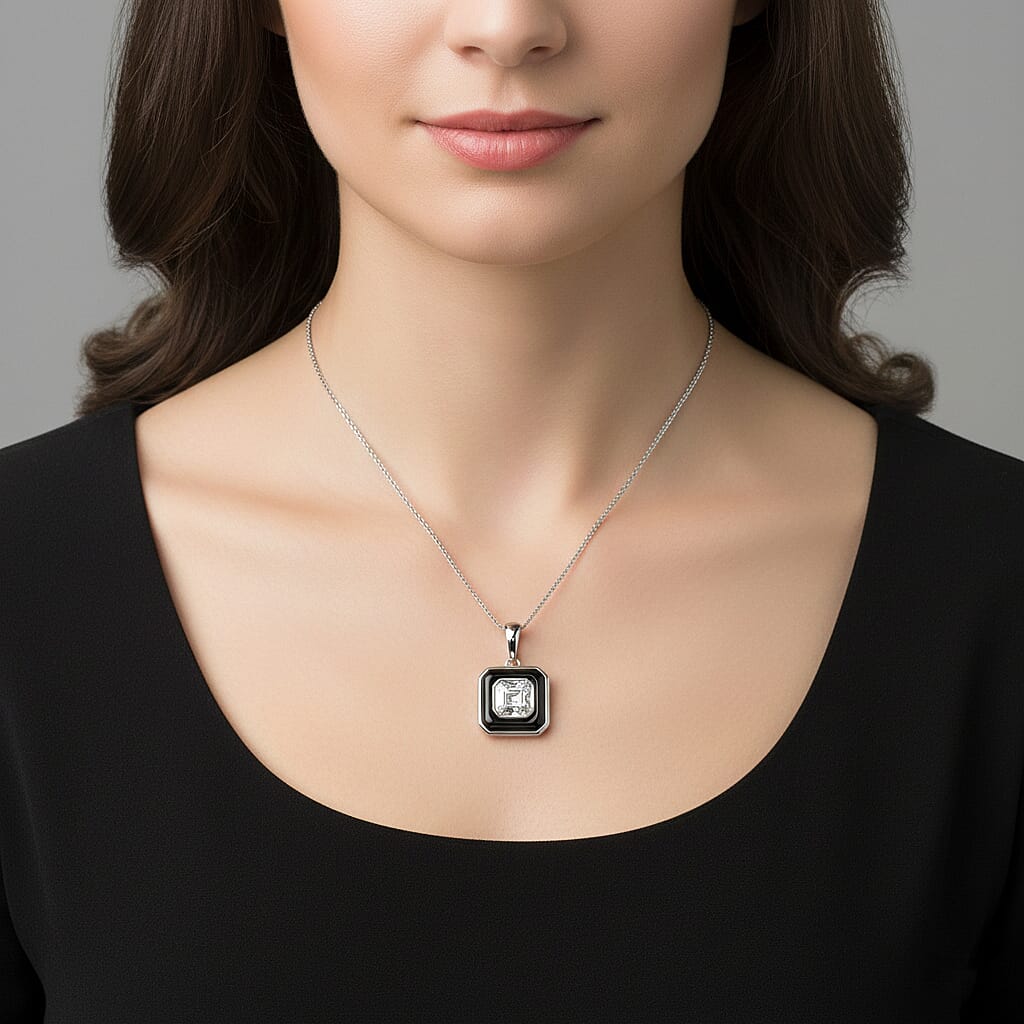 D'Joy Moissanite and Dyed Black Jade Pendant with Chain (Size - 18) in Rhodium Overlay Sterling Silver 3.35 Ct.