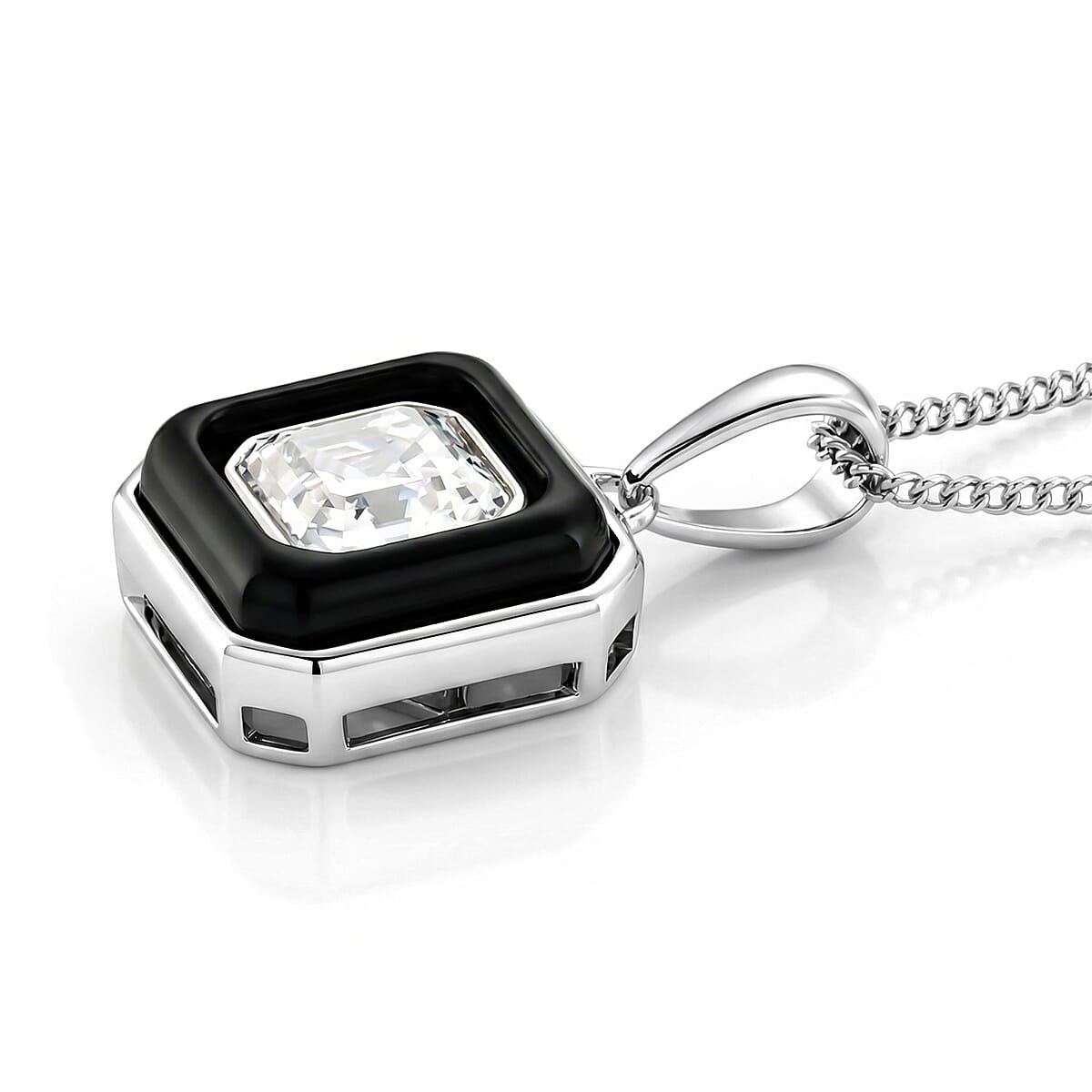 D'Joy Moissanite and Dyed Black Jade Pendant with Chain (Size - 18) in Rhodium Overlay Sterling Silver 3.35 Ct.