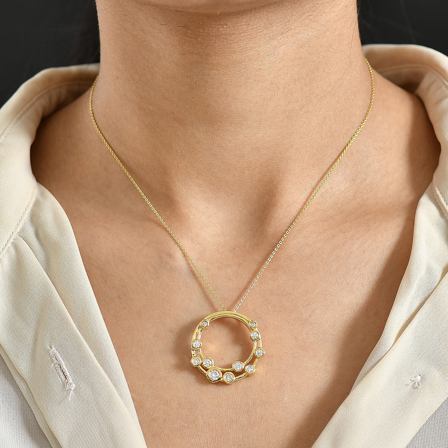 Moissanite Pendant with Chain (Size 20) in 18K YG Plating Sterling Silver 0.70 ct  Silver Wt. 7.4 Gms  0.940  Ct.