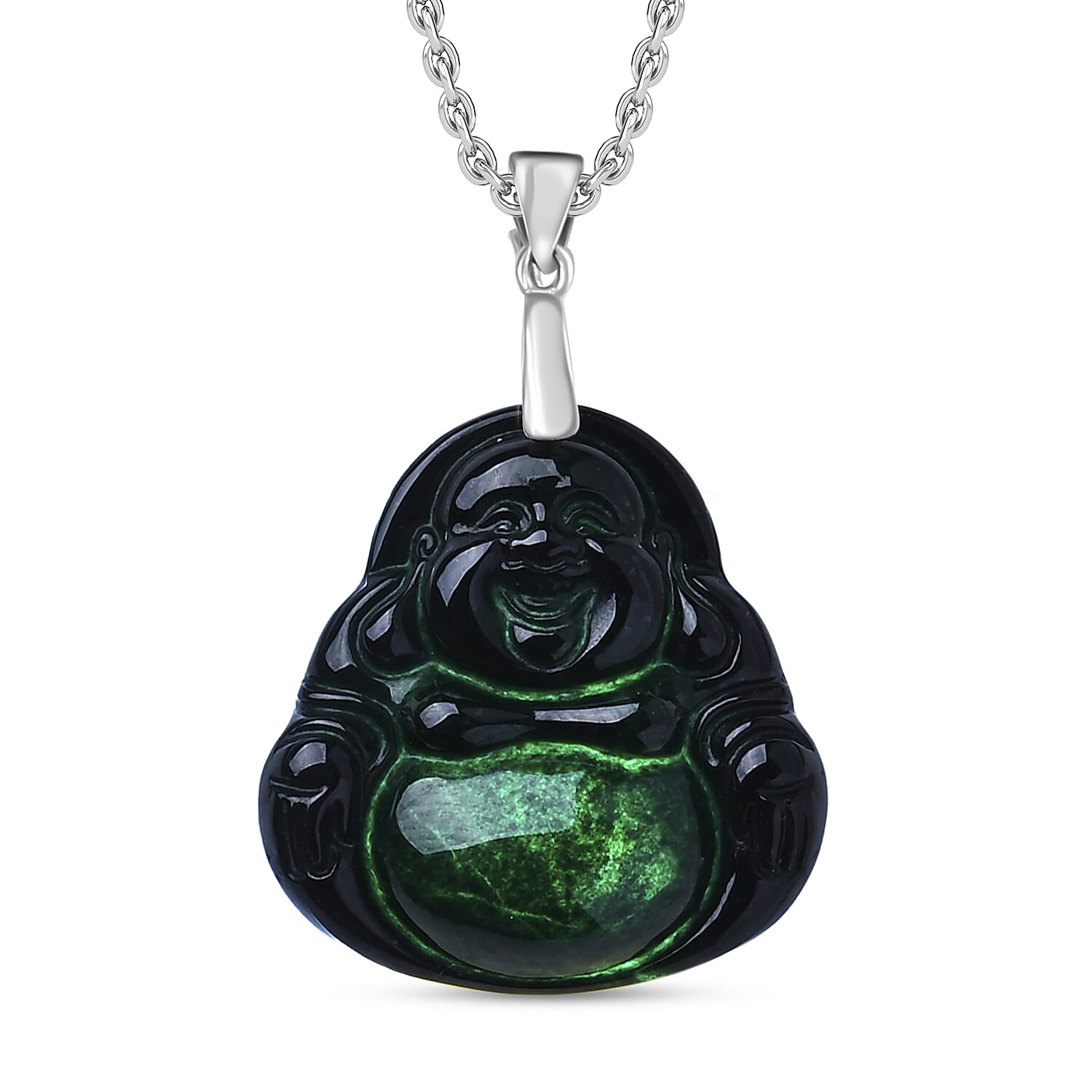 Black Jade Pendant with Chain (Size 20) in Rhodium Overlay Sterling Silver  10.000  Ct.