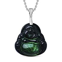 Natural Boots Black Jade Buddha Pendant with Chain (Size 20) in Rhodium Overlay Sterling Silver.