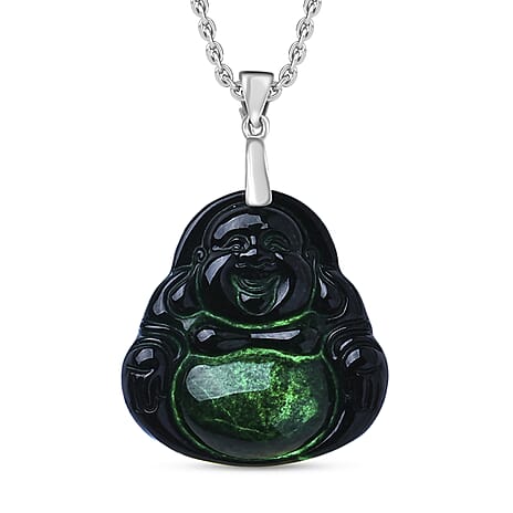 Black Jade Pendant with Chain (Size 20) in Rhodium Overlay Sterling Silver  10.000  Ct.