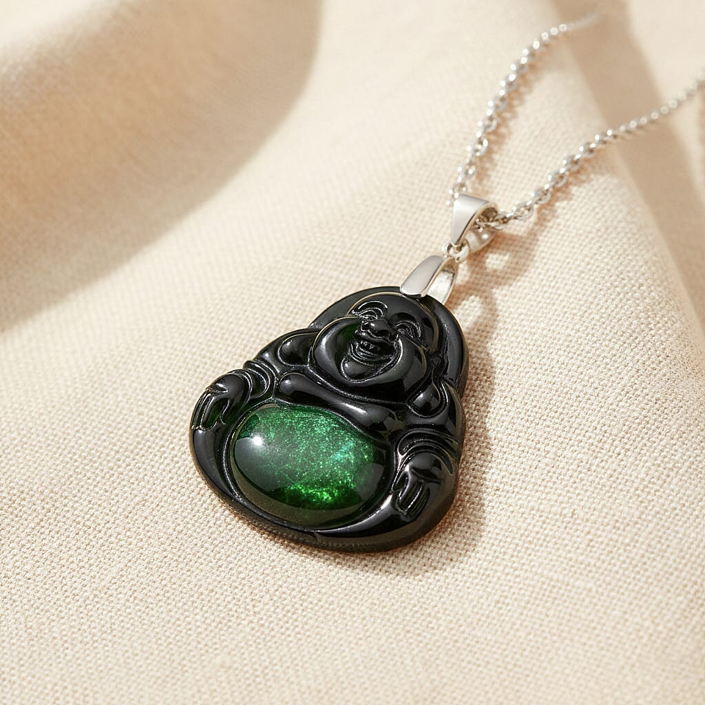 Black Jade Pendant with Chain (Size 20) in Rhodium Overlay Sterling Silver  10.000  Ct.