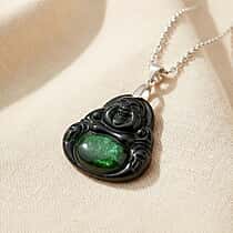 Natural Boots Black Jade Buddha Pendant with Chain (Size 20) in Rhodium Overlay Sterling Silver.