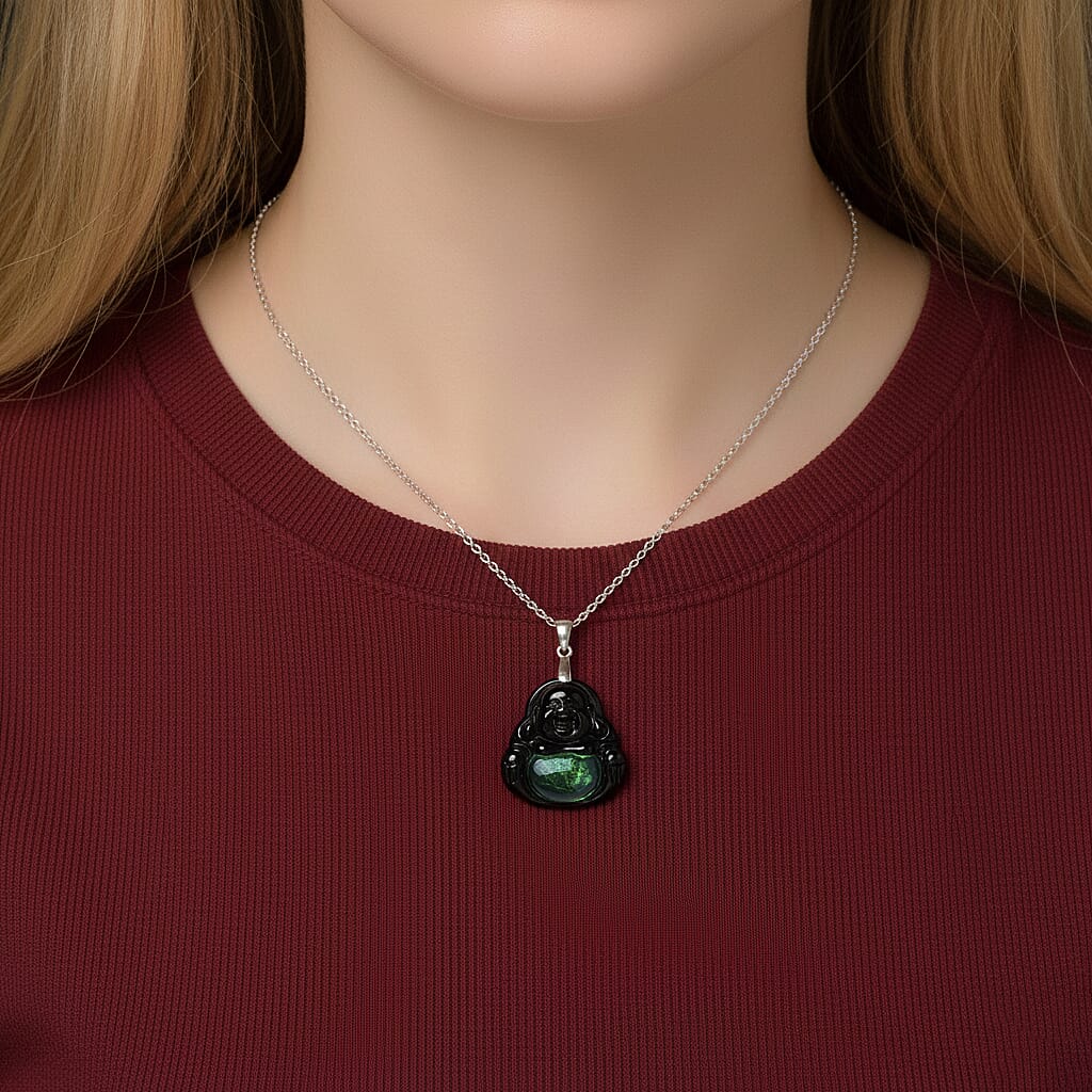 Black Jade Pendant with Chain (Size 20) in Rhodium Overlay Sterling Silver  10.000  Ct.