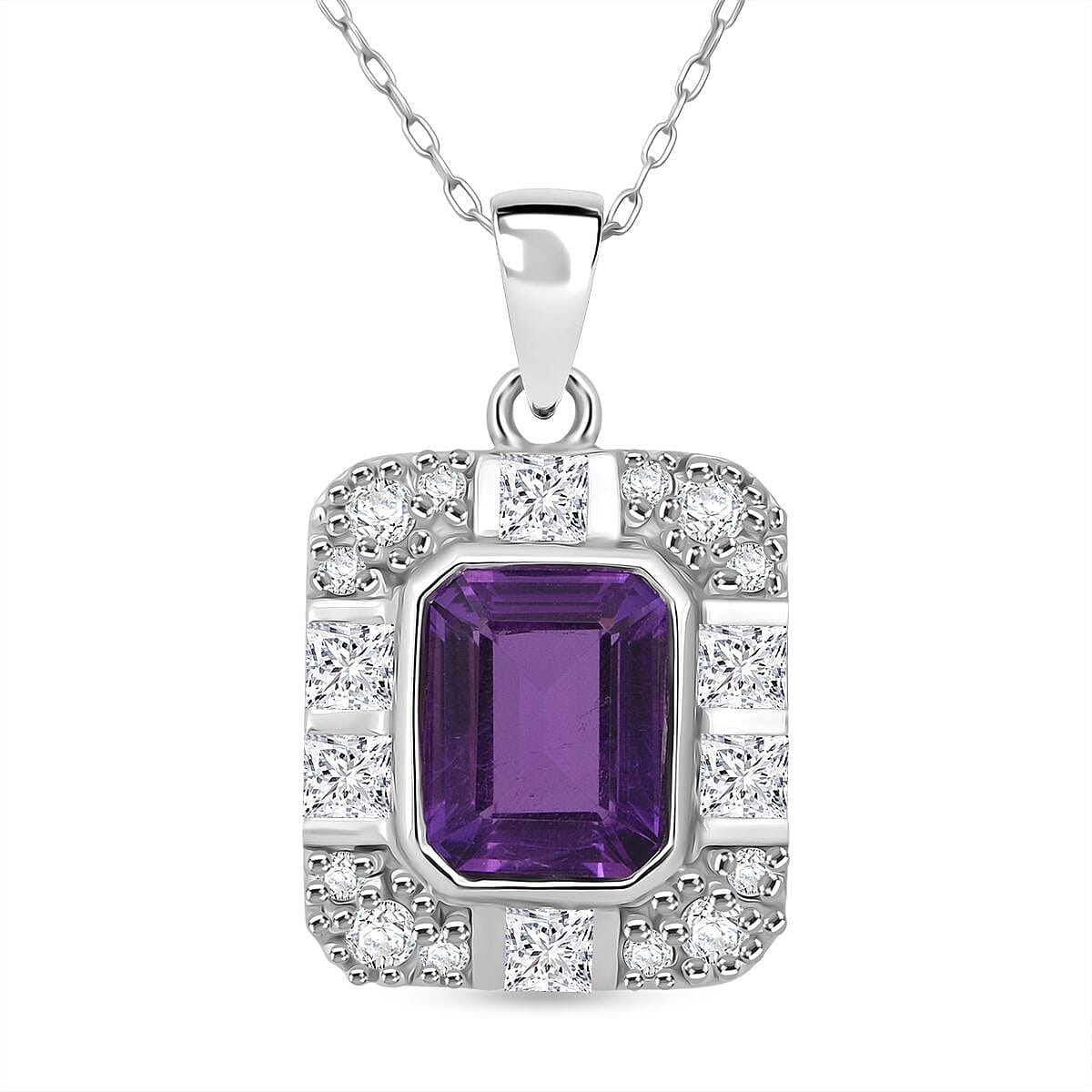 African Amethyst & White Zircon Pendant with Chain (Size 20) in Rhodium Overlay Sterling Silver 3.32 Ct.