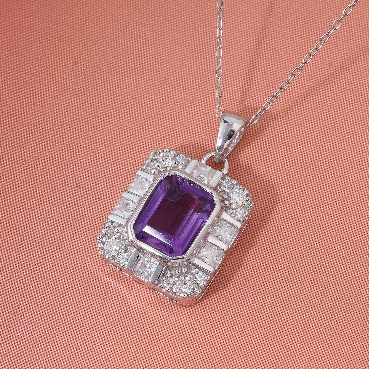 African Amethyst & White Zircon Pendant with Chain (Size 20) in Rhodium Overlay Sterling Silver 3.32 Ct.
