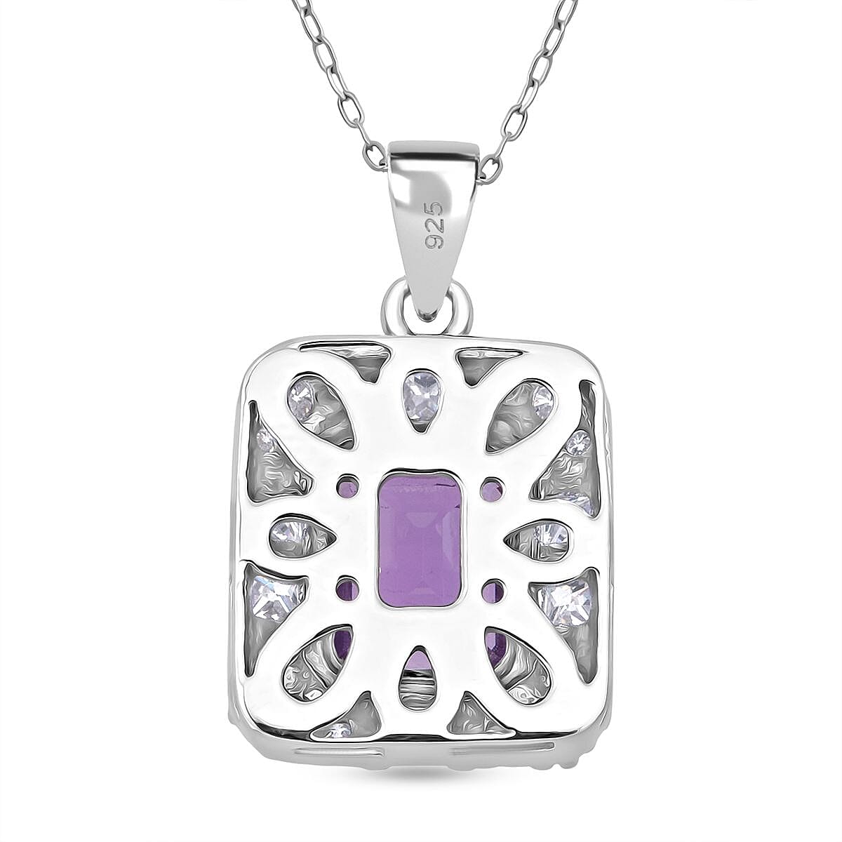 African Amethyst & White Zircon Pendant with Chain (Size 20) in Rhodium Overlay Sterling Silver 3.32 Ct.