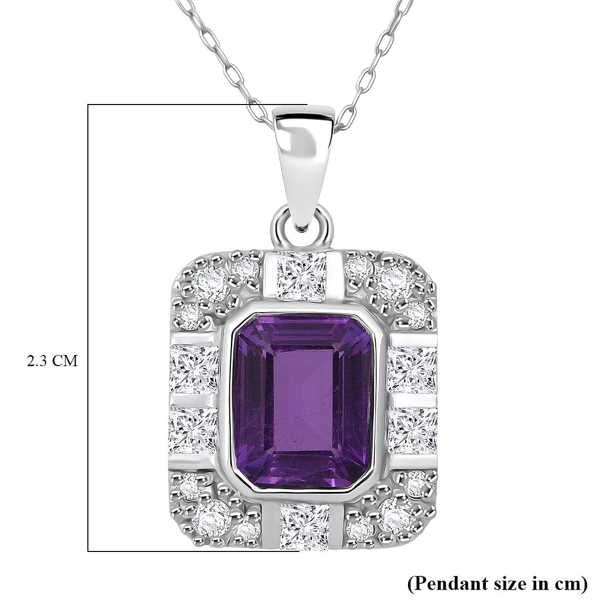 African Amethyst & White Zircon Pendant with Chain (Size 20) in Rhodium Overlay Sterling Silver 3.32 Ct.