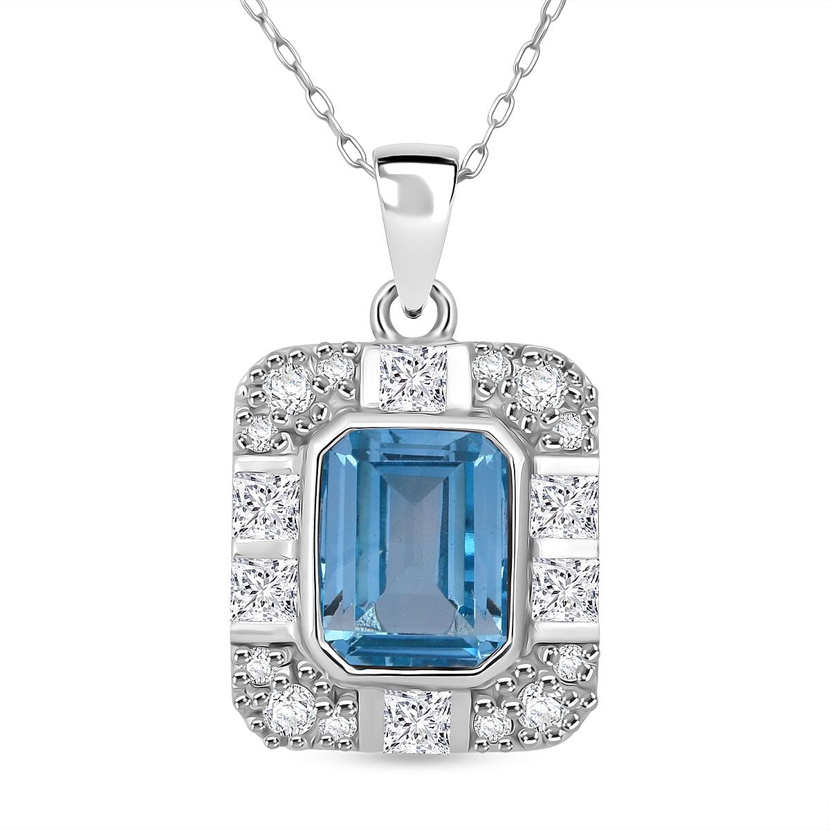 Skyblue Topaz & White Zircon Pendant with Chain (Size 20) in Rhodium Overlay Sterling Silver 3.32 Ct.