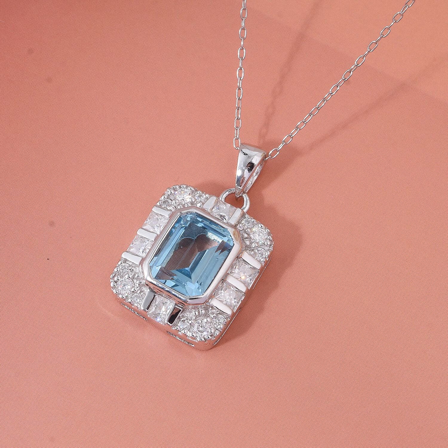 Skyblue Topaz & White Zircon Pendant with Chain (Size 20) in Rhodium Overlay Sterling Silver 3.32 Ct.