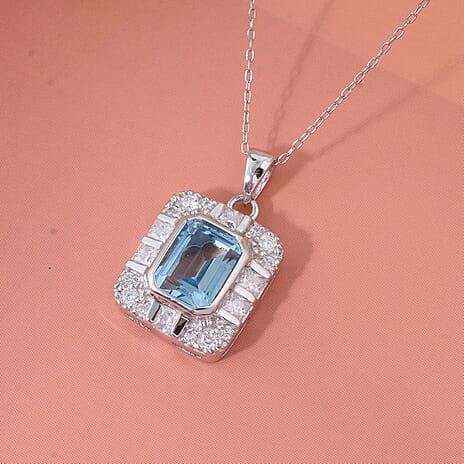 Skyblue Topaz & White Zircon Pendant with Chain (Size 20) in Rhodium Overlay Sterling Silver 3.32 Ct.