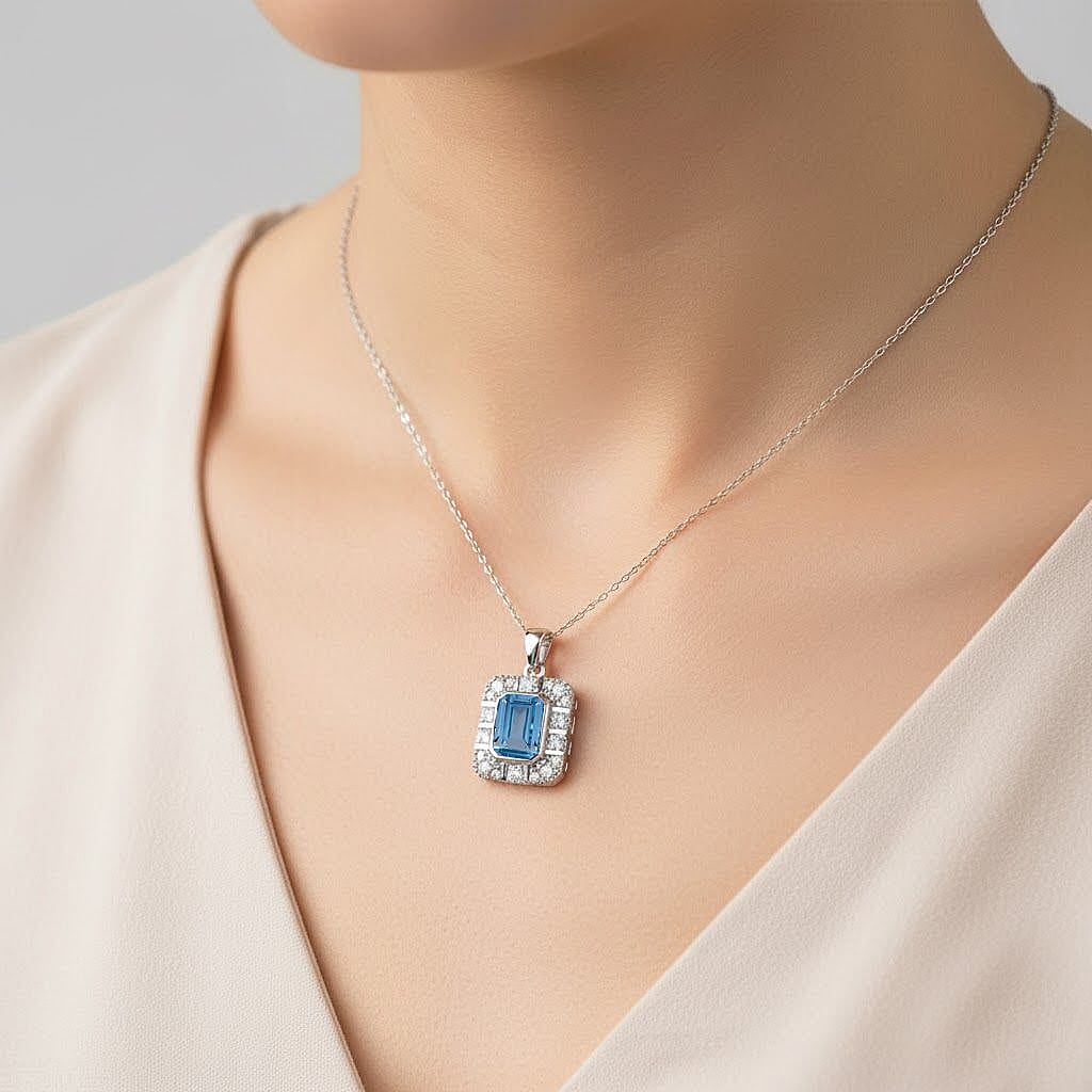 Skyblue Topaz & White Zircon Pendant with Chain (Size 20) in Rhodium Overlay Sterling Silver 3.32 Ct.