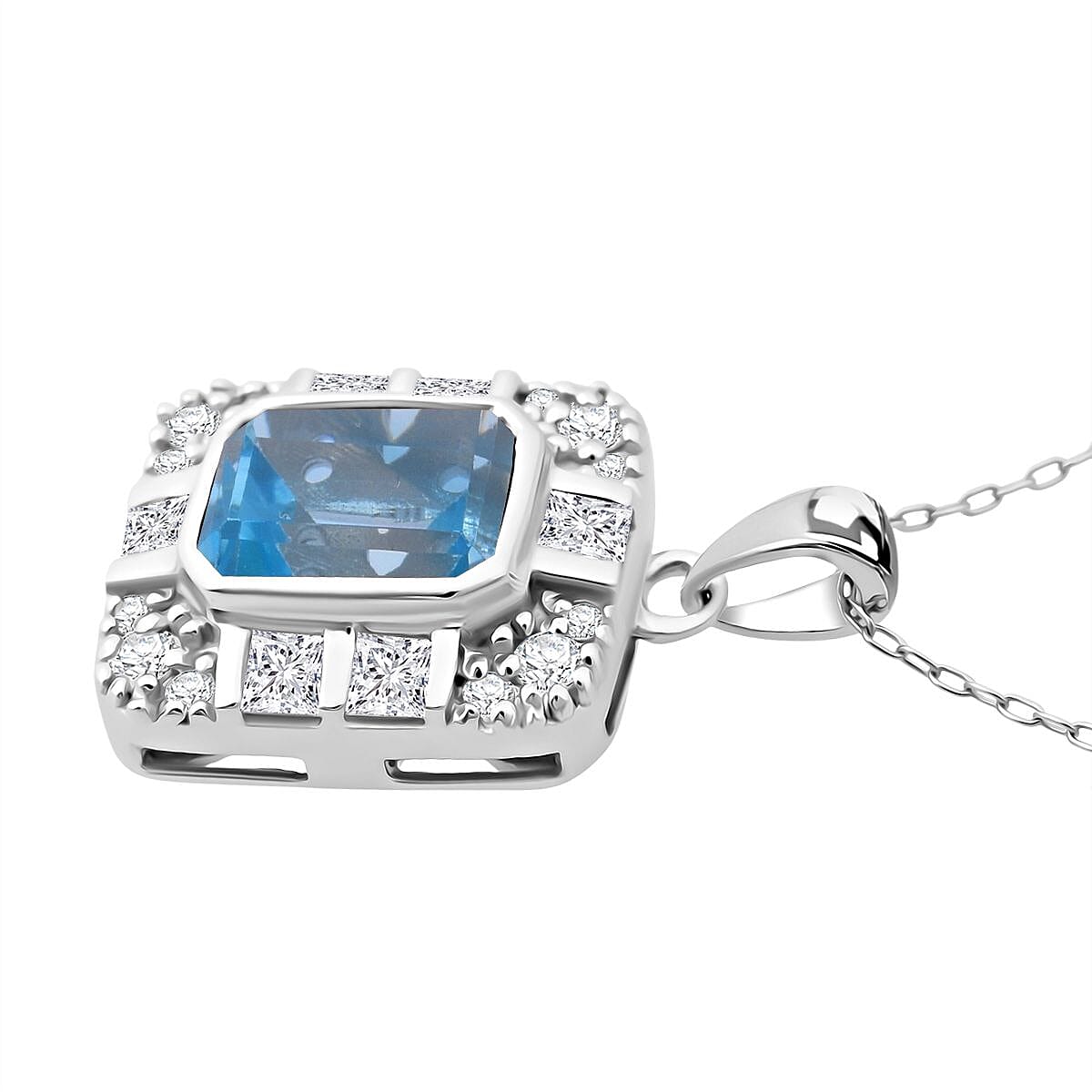 Skyblue Topaz & White Zircon Pendant with Chain (Size 20) in Rhodium Overlay Sterling Silver 3.32 Ct.