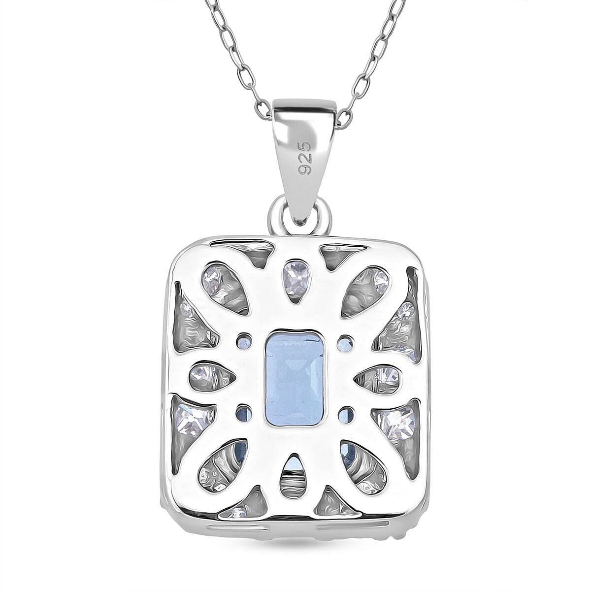 Skyblue Topaz & White Zircon Pendant with Chain (Size 20) in Rhodium Overlay Sterling Silver 3.32 Ct.