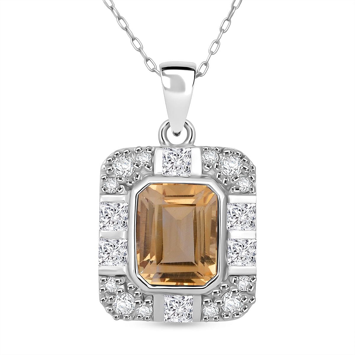 Citrine & White Zircon Pendant with Chain (Size 20) in Rhodium Overlay Sterling Silver 3.32 Ct.