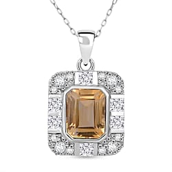 Citrine & White Zircon Pendant with Chain (Size 20) in Rhodium Overlay Sterling Silver 3.32 Ct.
