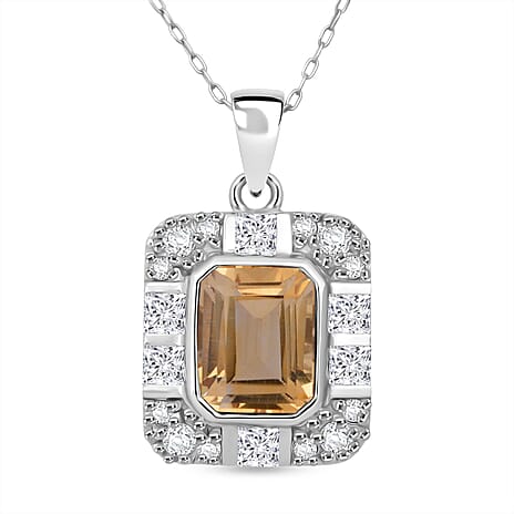 Citrine & White Zircon Pendant with Chain (Size 20) in Rhodium Overlay Sterling Silver 3.32 Ct.
