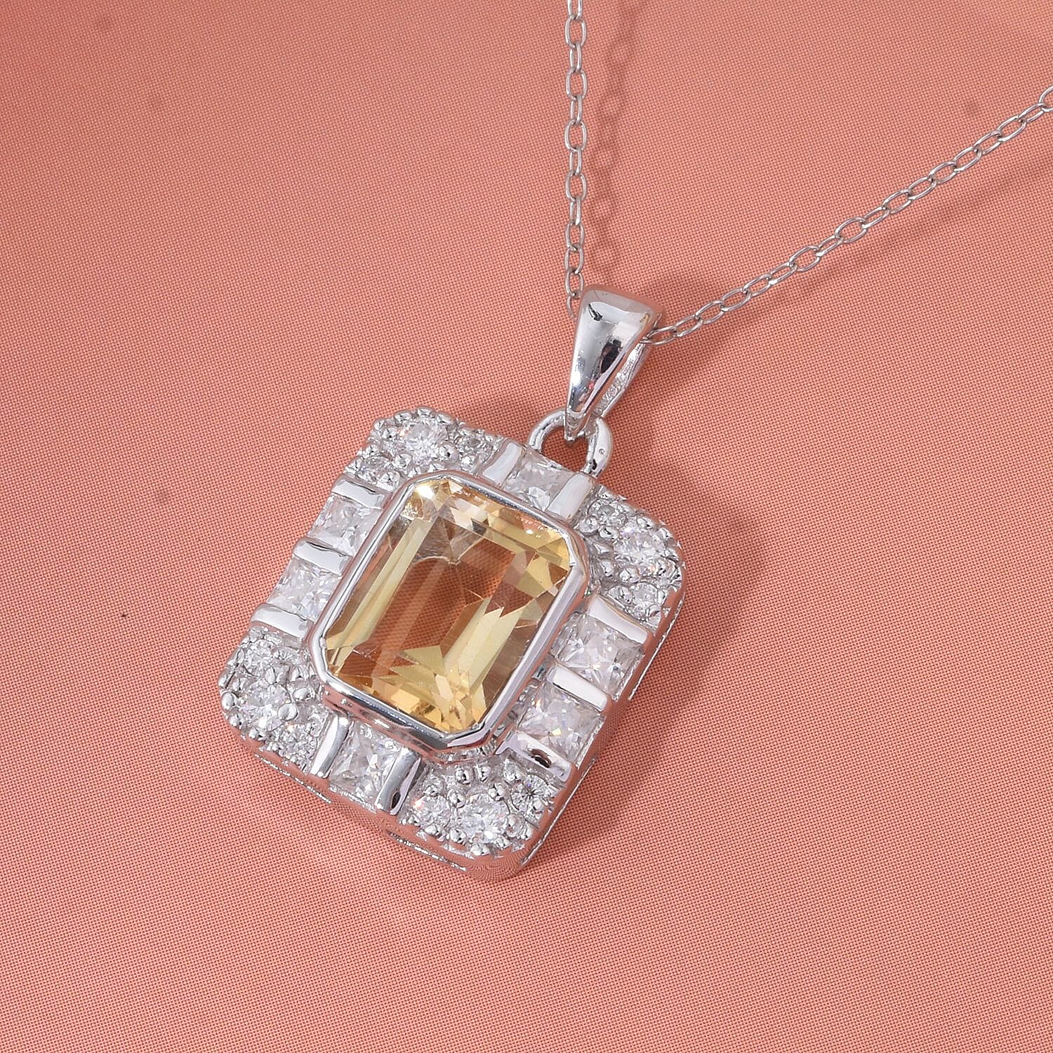 Citrine & White Zircon Pendant with Chain (Size 20) in Rhodium Overlay Sterling Silver 3.32 Ct.