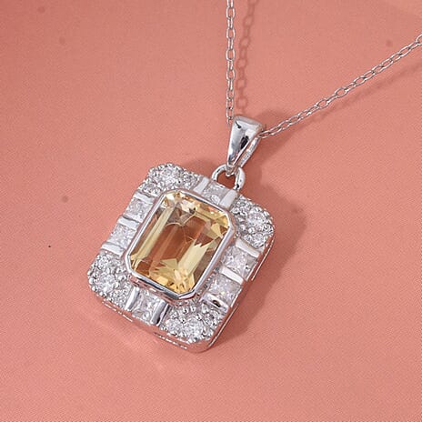 Citrine & White Zircon Pendant with Chain (Size 20) in Rhodium Overlay Sterling Silver 3.32 Ct.