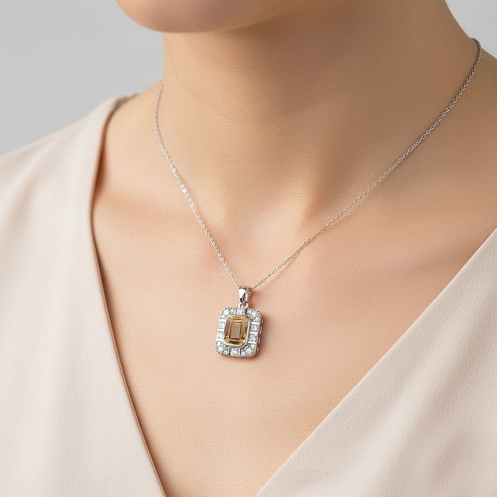 Citrine & White Zircon Pendant with Chain (Size 20) in Rhodium Overlay Sterling Silver 3.32 Ct.