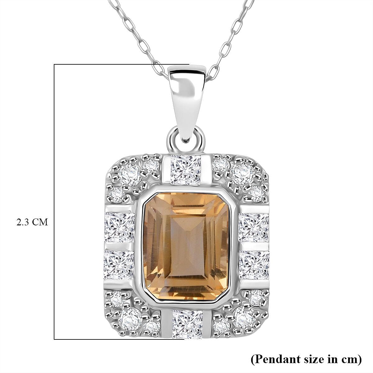Citrine & White Zircon Pendant with Chain (Size 20) in Rhodium Overlay Sterling Silver 3.32 Ct.