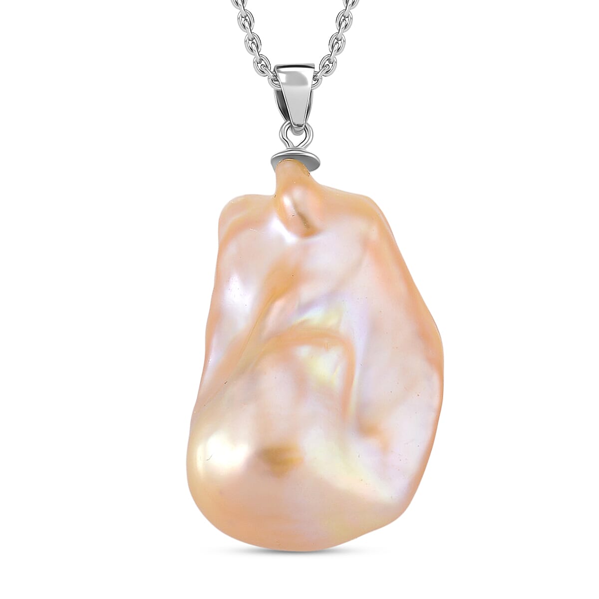Peach Baroque Pearl Pendant with Chain (Size 20) in Rhodium Overlay Sterling Silver 30.00 Ct.