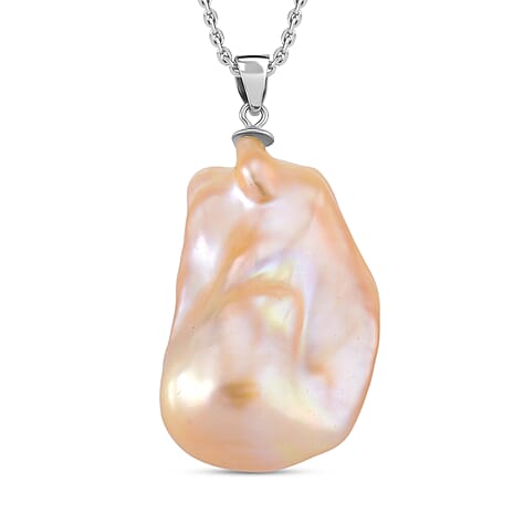 Peach Baroque Pearl Pendant with Chain (Size 20) in Rhodium Overlay Sterling Silver 30.00 Ct.